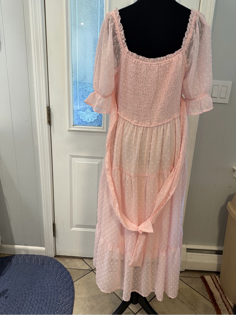 Smocked Swiss Dot Maxi Dress in Light Pink - Picture 6 of 9